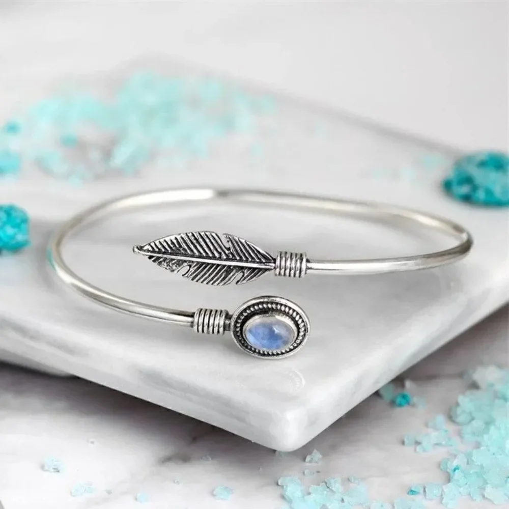 Vintage Style Moonstone Feather Bracelet